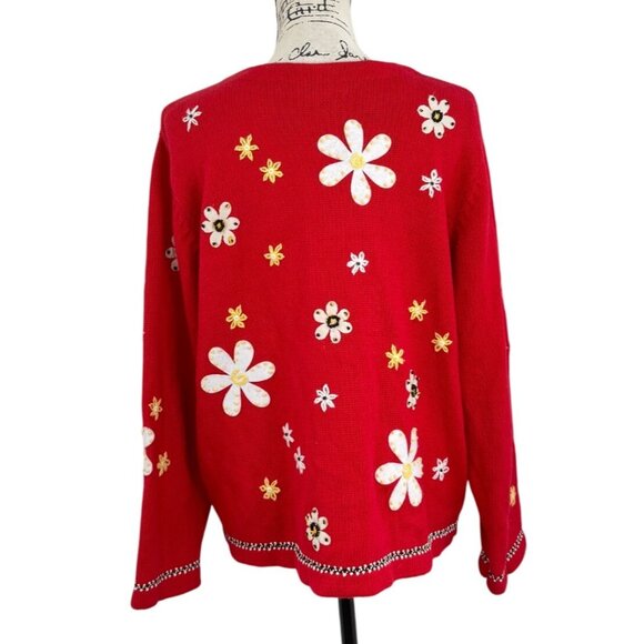 Susan Bristol Red Cardigan Floral Embroidery Button-Up Ramie Vintage Women XL - Picture 3 of 7